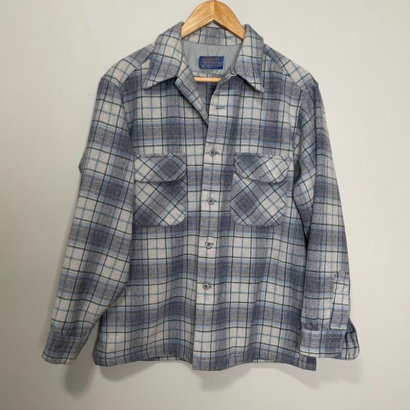 Pendleton Other - Vintage Wool Pendleton Button Up Long Sleeve Collared Shirt Plaid Gray Blue L